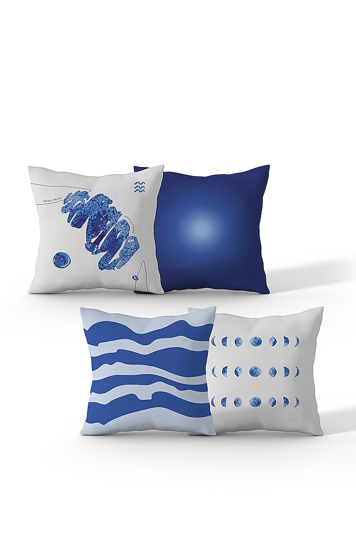 Gradient Blue & White Cotton Printed Cushion Covers (Set of 4) by LEHER