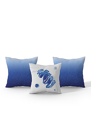 Sky Blue & White Cotton Printed Cushion Covers (Set of 3) by LEHER