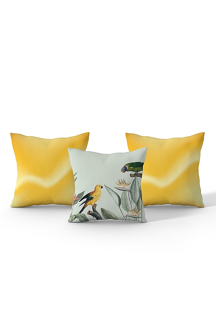 Lemon Yellow & White Cotton Printed Cushion Covers (Set of 3) by LEHER at Pernia's Pop Up Shop