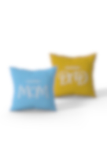 Blue & Yellow Cotton Polyester Printed Cushion Covers (Set of 2) by LEHER at Pernia's Pop Up Shop