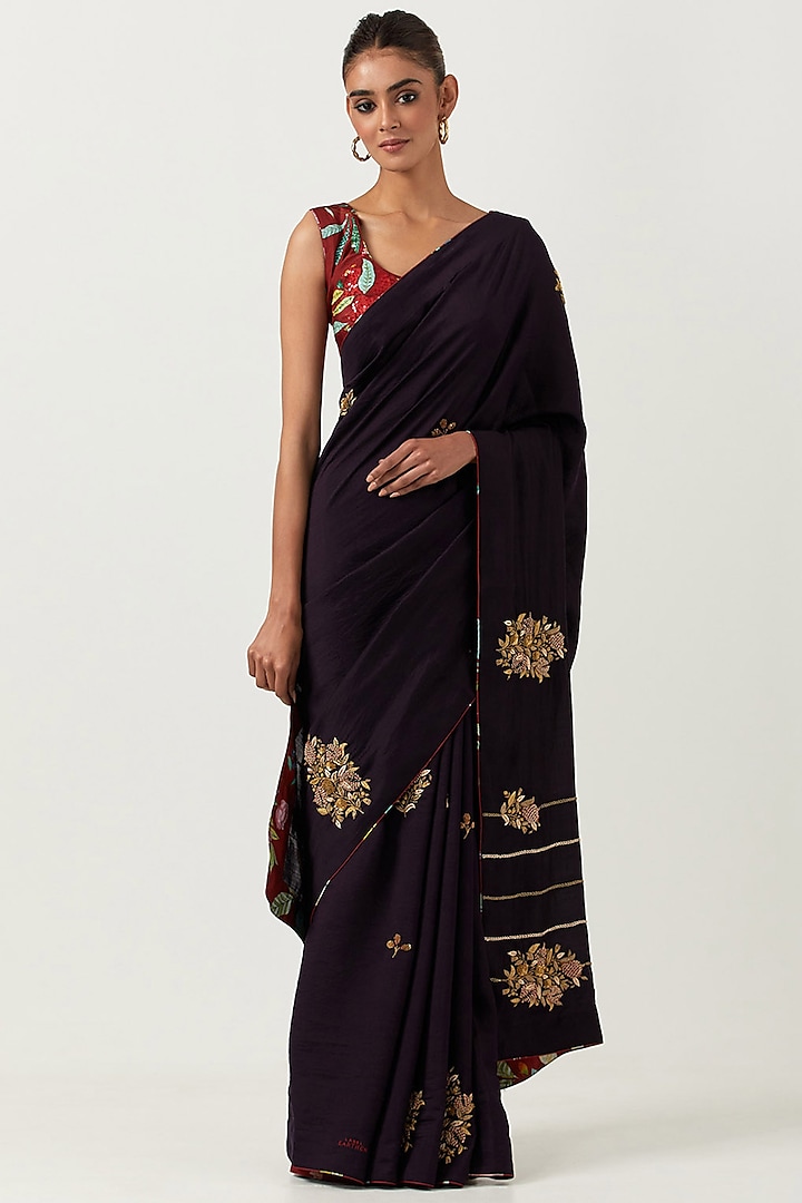 Navy Blue Chiniya Silk Embroidered Saree Set by Label Earthen Pret