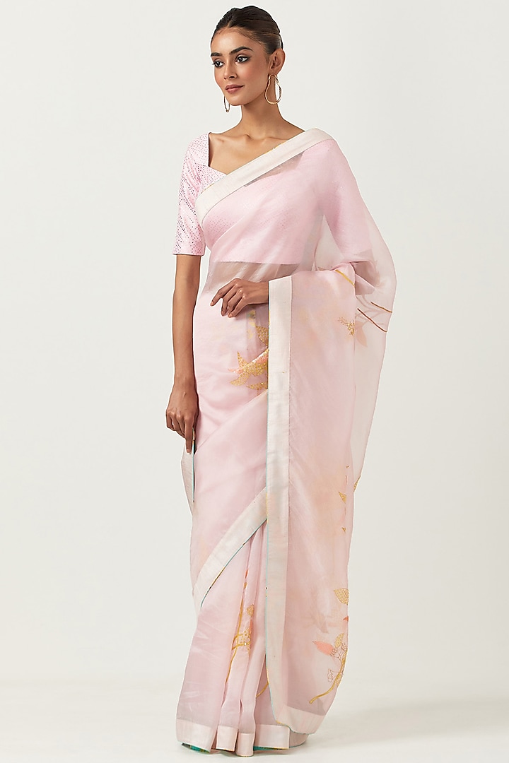 Baby Pink Organza Silk Embroidered Saree Set by Label Earthen Pret