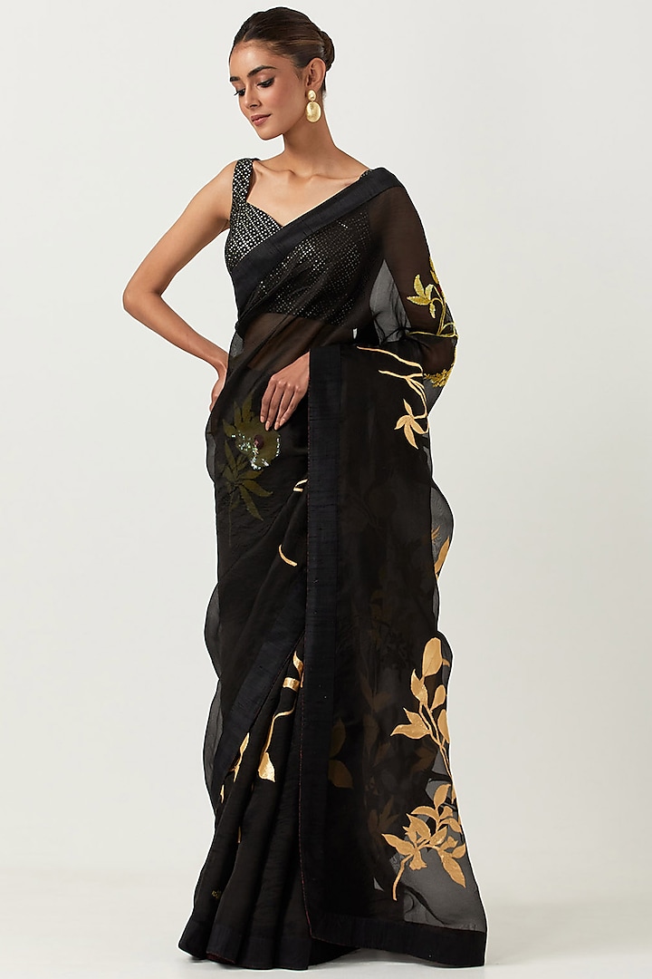 Black Organza Silk Embroidered Saree Set by Label Earthen Pret