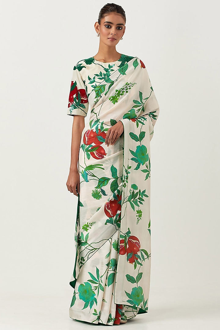 Ivory & Green Habutai Silk Printed Saree Set by Label Earthen Pret