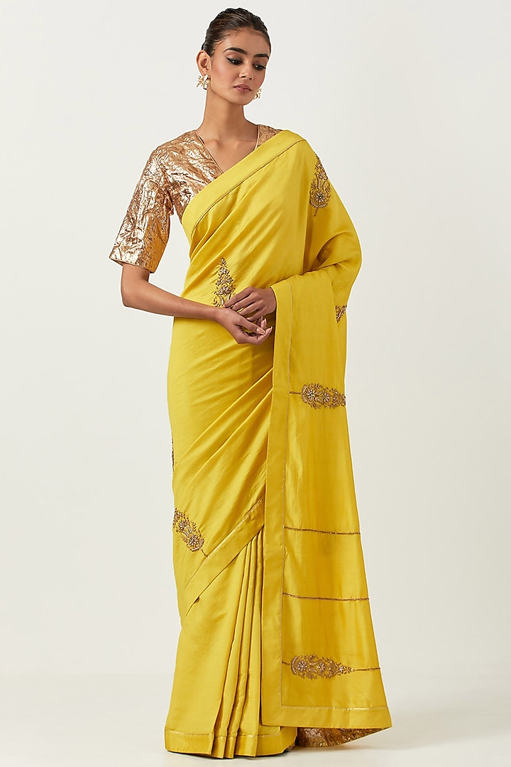Yellow Chiniya Silk Embroidered Saree Set by Label Earthen Pret
