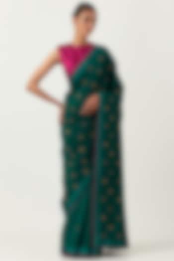 Bottle Green Chiniya Silk Saree Set by Label Earthen Pret