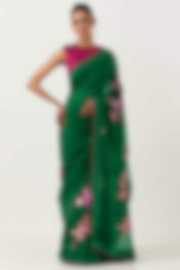 Green Organza Silk Embroidered Saree Set by Label Earthen Pret