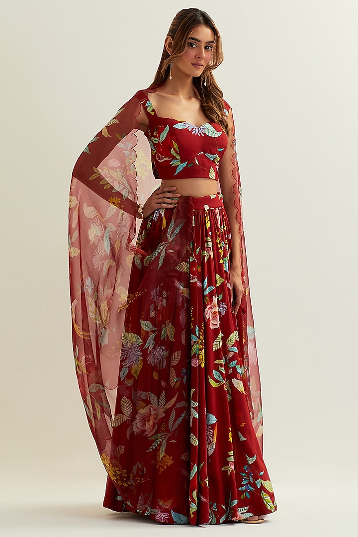 Red Viscose Crepe Silk & Organza Silk Lehenga Set by Label Earthen Pret at Pernia's Pop Up Shop