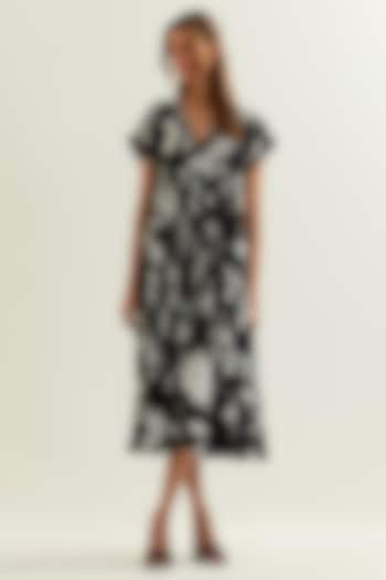 Black Viscose Crepe Silk Floral Printed Midi Dress by Label Earthen Pret at Pernia's Pop Up Shop