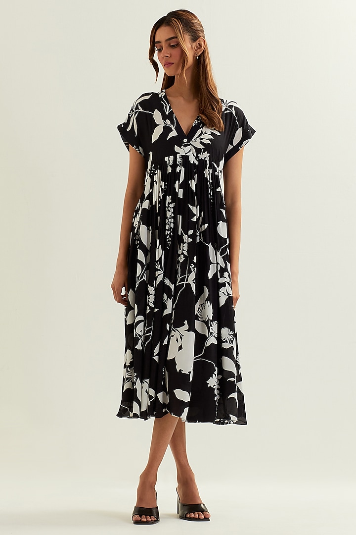 Black Viscose Crepe Silk Floral Printed Midi Dress by Label Earthen Pret at Pernia's Pop Up Shop