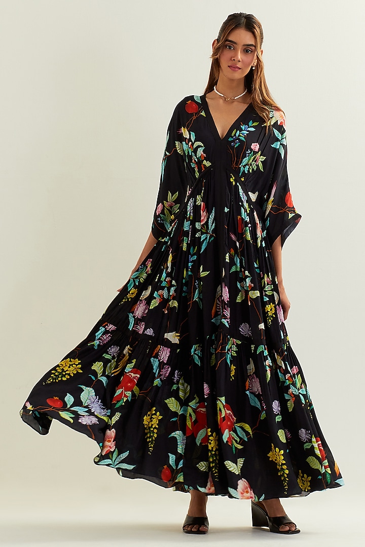 Black Viscose Crepe Silk Kaftan Dress by Label Earthen Pret at Pernia's Pop Up Shop