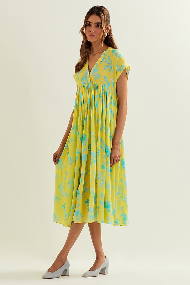 Yellow Viscose Crepe Silk Midi Dress by Label Earthen Pret at Pernia's Pop Up Shop