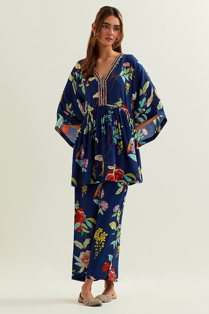 Navy Blue Viscose Crepe Silk Floral Printed Co-Ord Set by Label Earthen Pret at Pernia's Pop Up Shop