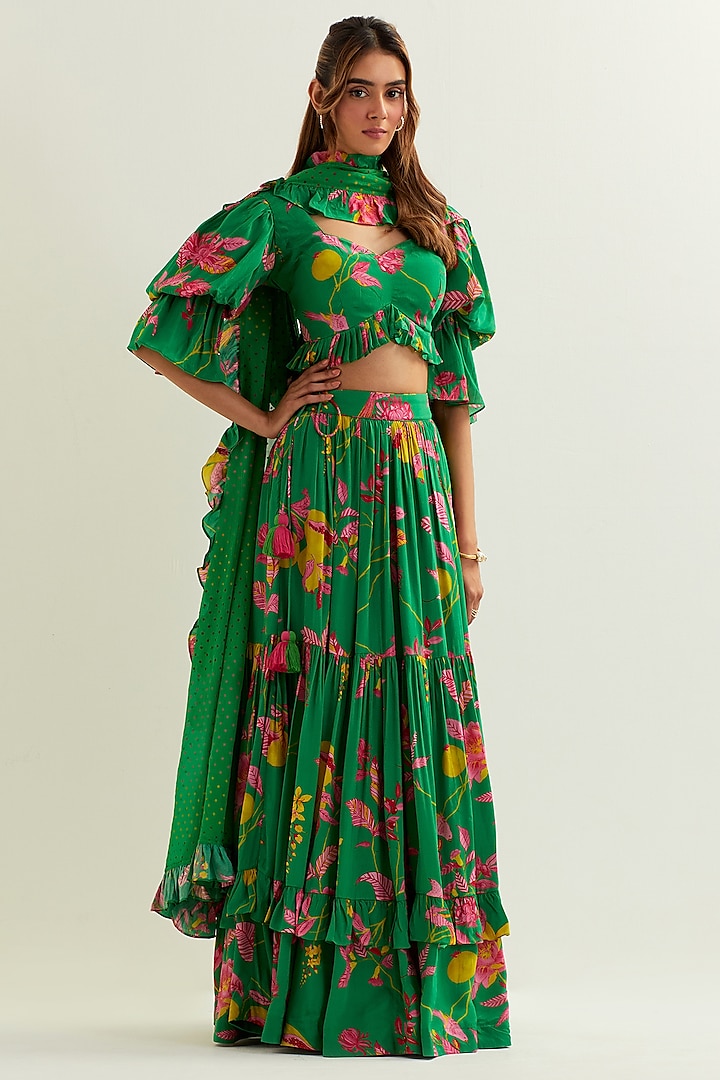 Green Viscose Crepe Silk & Organza Silk Lehenga Set by Label Earthen Pret at Pernia's Pop Up Shop