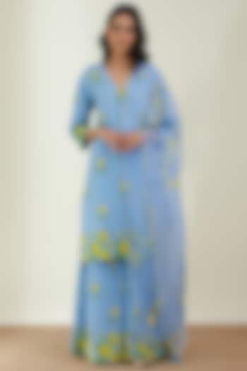 Ice Blue Printed Sharara Set by Label Earthen Pret