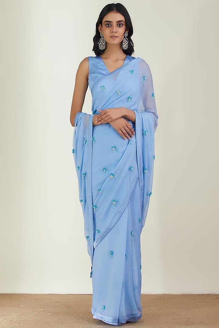 Powder Blue Chiffon Sequins Boota Wedding Saree Set by Label Earthen Pret at Pernia's Pop Up Shop