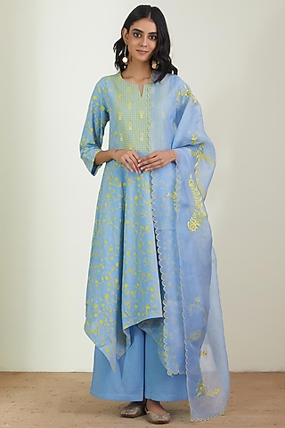 Powder Blue Printed Kurta Set by Label Earthen Pret