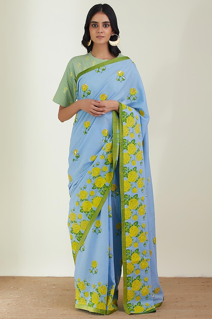 Powder Blue Cotton Mulmul Printed Saree Set by Label Earthen Pret