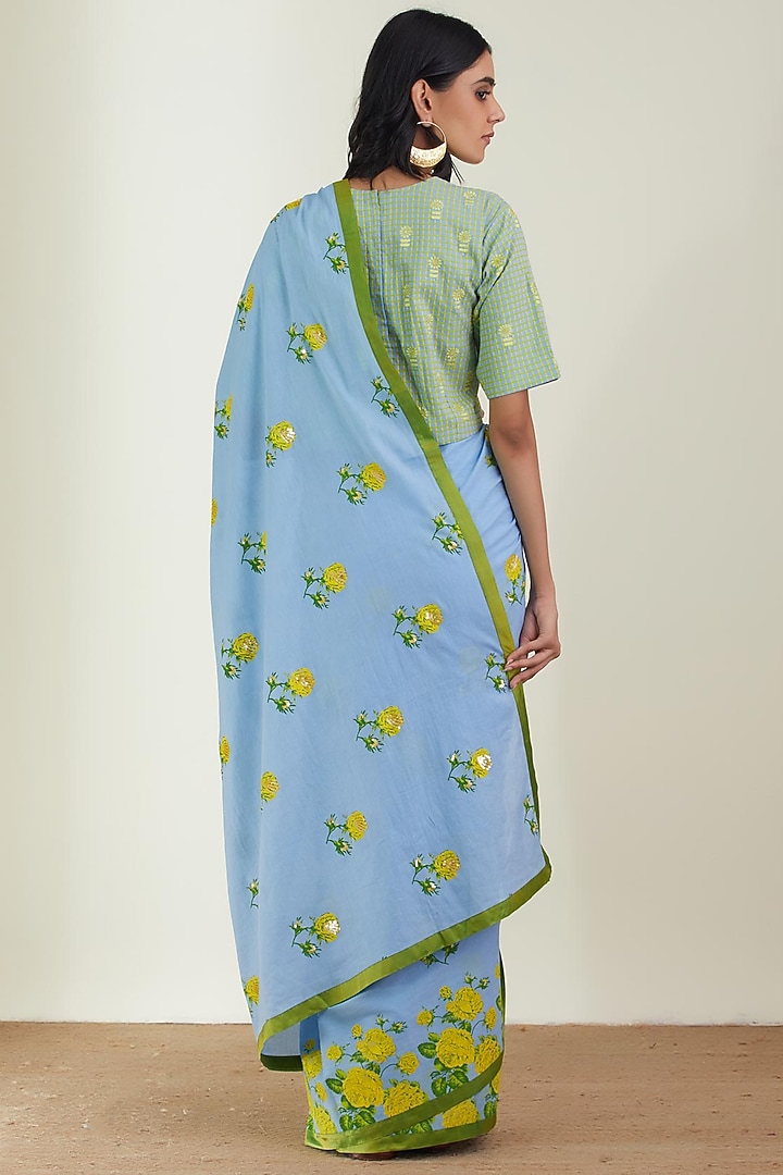 Powder Blue Cotton Mulmul Printed Party Wear Saree Set by Label Earthen Pret at Pernia's Pop Up Shop