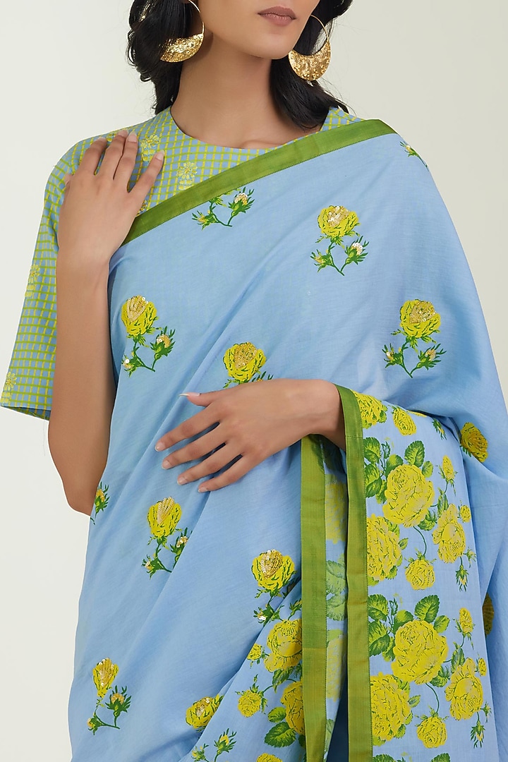 Powder Blue Cotton Mulmul Printed Party Wear Saree Set by Label Earthen Pret at Pernia's Pop Up Shop