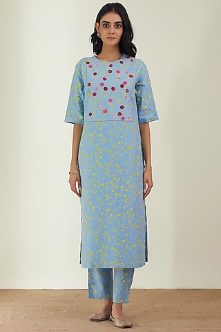 Powder Blue Embroidered Kurta Set by Label Earthen Pret