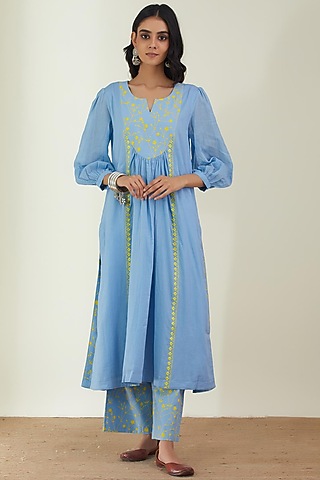 Powder Blue Printed & Embroidered Kurta Set by Label Earthen Pret