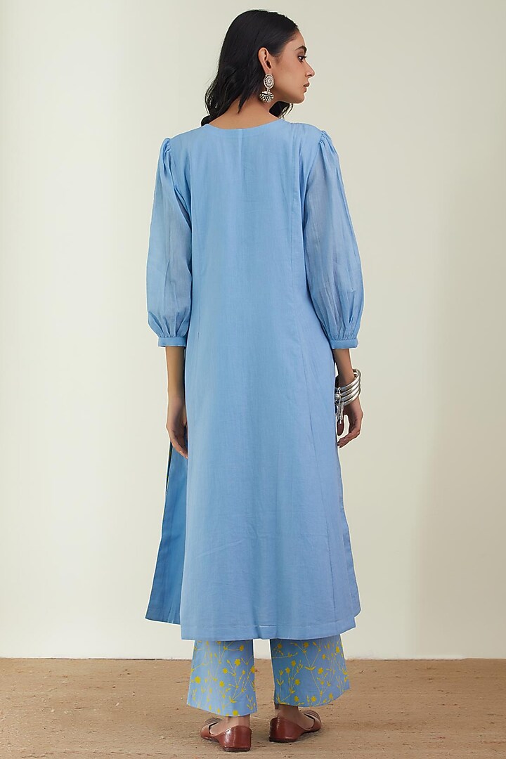 Powder Blue Printed & Embroidered Kurta Set by Label Earthen Pret at Pernia's Pop Up Shop