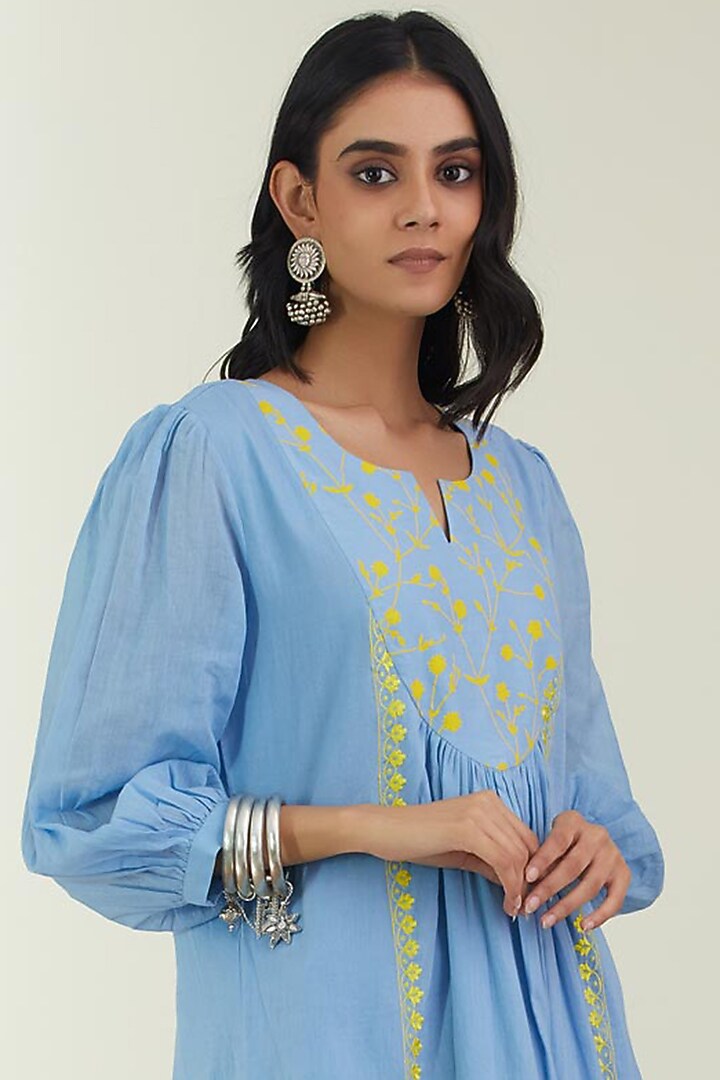 Powder Blue Printed & Embroidered Kurta Set by Label Earthen Pret at Pernia's Pop Up Shop