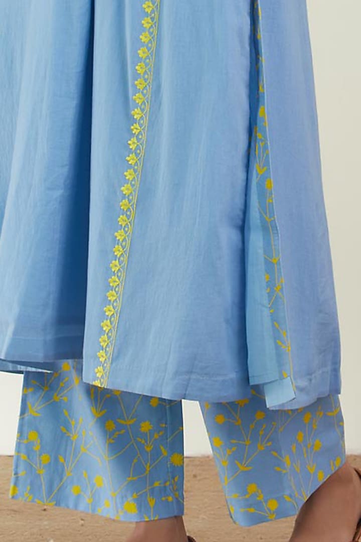 Powder Blue Printed & Embroidered Kurta Set by Label Earthen Pret at Pernia's Pop Up Shop