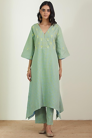 Mint Green Printed Kurta Set by Label Earthen Pret