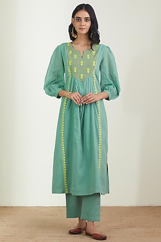 Sage Green Embroidered Kurta Set by Label Earthen Pret