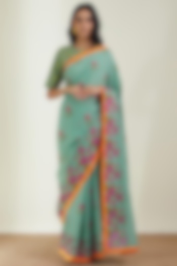 Sage Green Cotton Mulmul Printed Saree Set by Label Earthen Pret at Pernia's Pop Up Shop