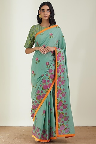 Sage Green Cotton Mulmul Printed Saree Set by Label Earthen Pret