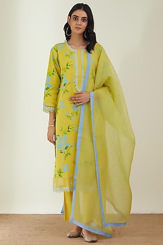Lemon Yellow Printed Kurta Set by Label Earthen Pret