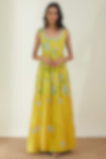Lemon Yellow Printed Maxi Dress by Label Earthen Pret