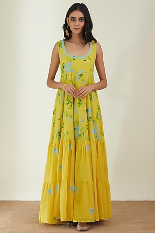Lemon Yellow Printed Maxi Dress by Label Earthen Pret