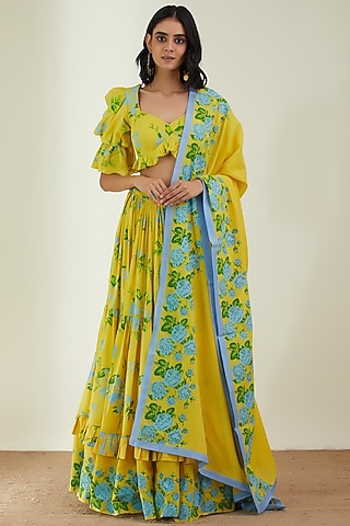 Lemon Yellow Printed Lehenga Set by Label Earthen Pret
