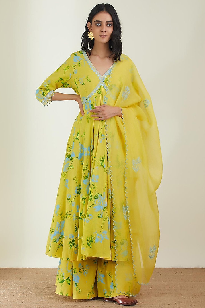 Lemon Yellow Printed Anarkali Set by Label Earthen Pret