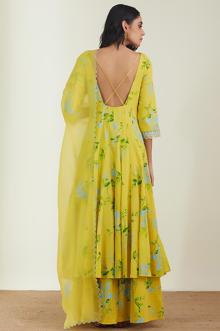Lemon Yellow Printed Party Wear Anarkali Set by Label Earthen Pret at Pernia's Pop Up Shop