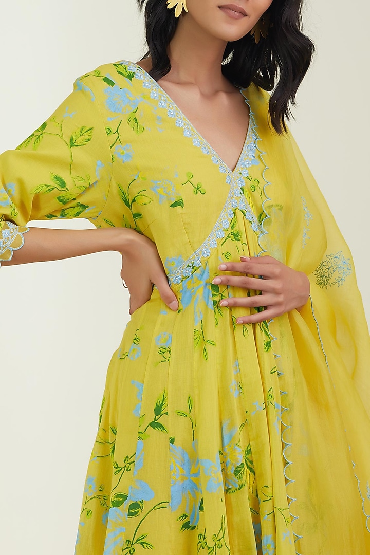 Lemon Yellow Printed Party Wear Anarkali Set by Label Earthen Pret at Pernia's Pop Up Shop