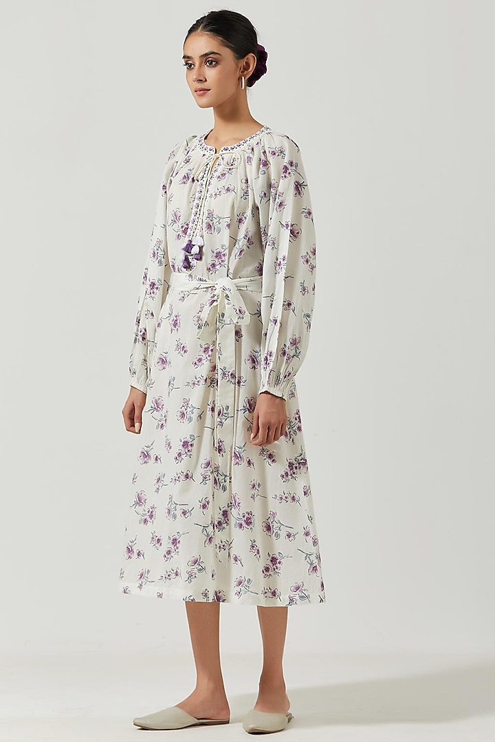 Ivory Floral Printed Dress by Label Earthen Pret
