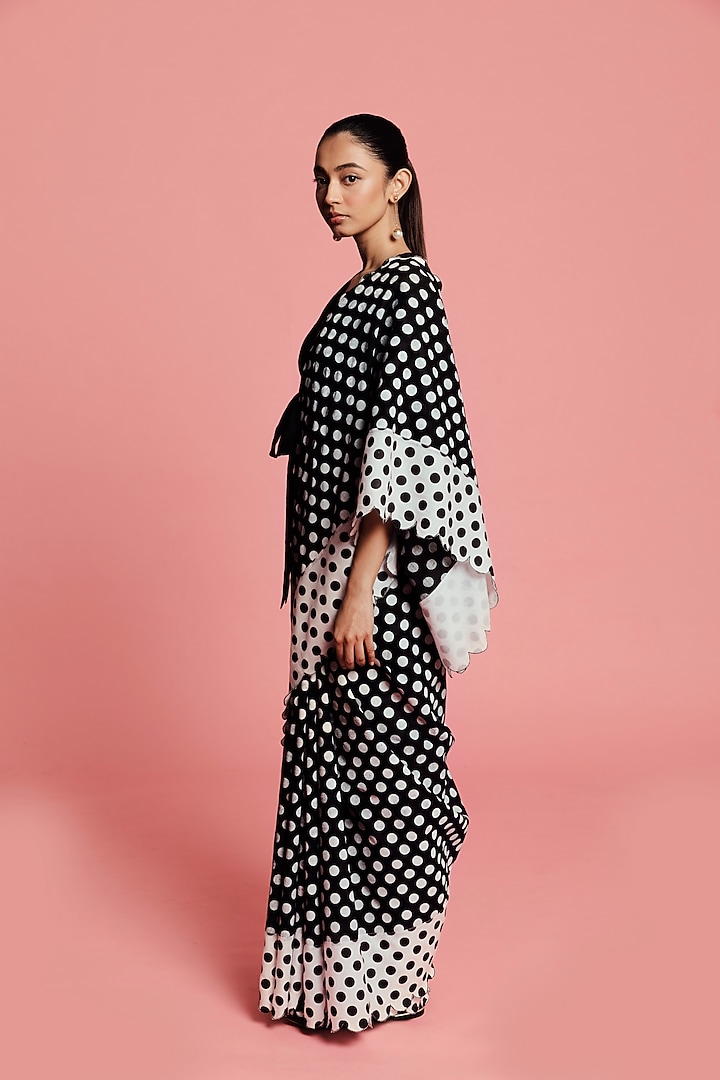Black & White Cotton Mul Polka Printed Party Wear Saree Set by Label Earthen Pret at Pernia's Pop Up Shop