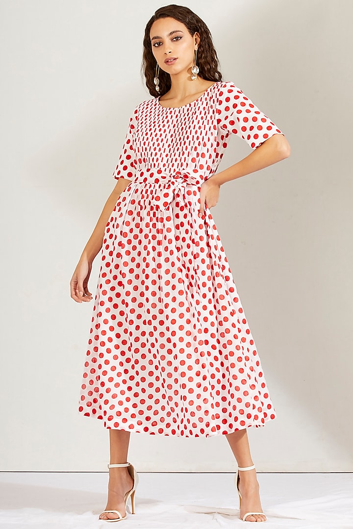 Red & White Pintucked Dress by Label Earthen Pret