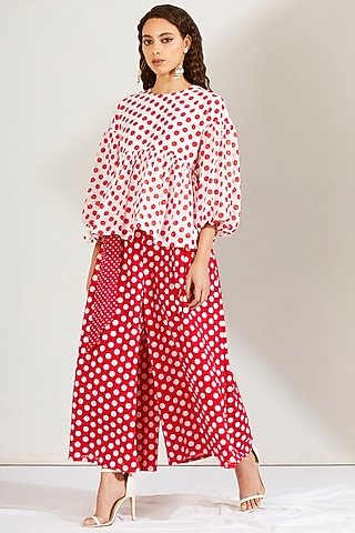 Red & White Printed Palazzo Pant Set by Label Earthen Pret