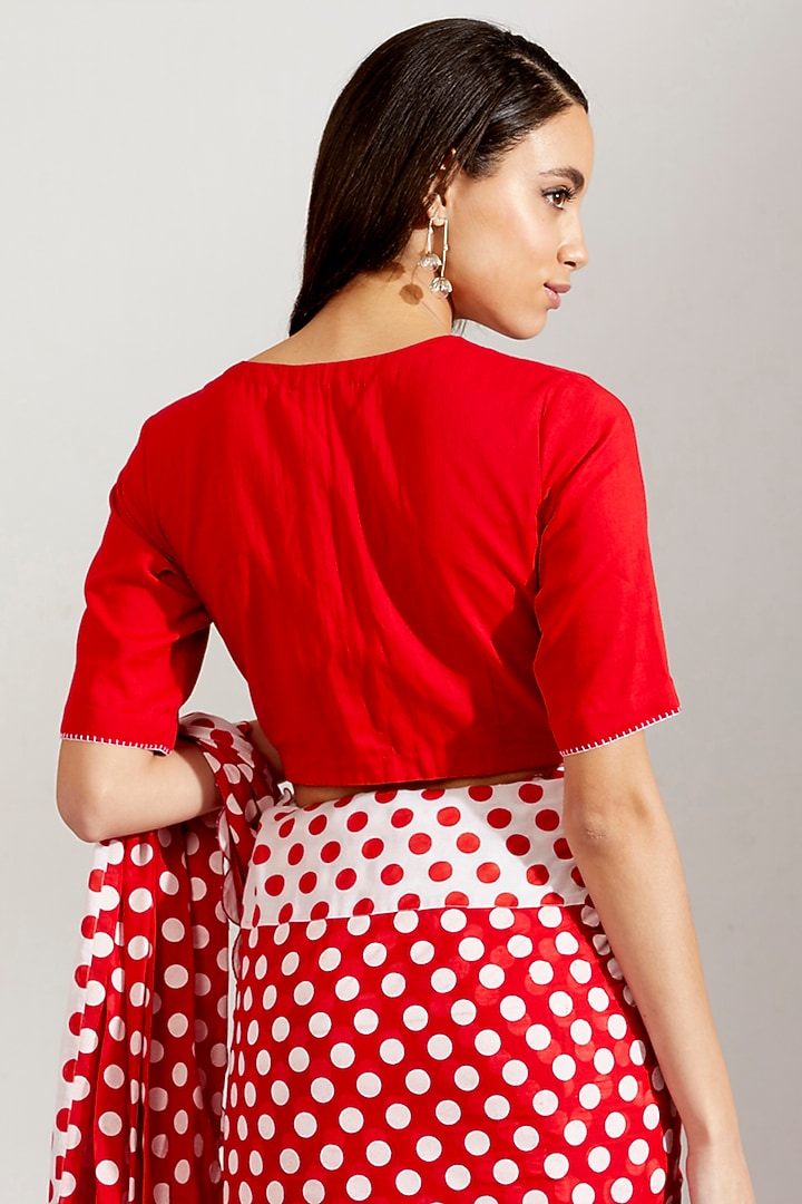 Red & White Cotton Mul Party Wear Saree Set by Label Earthen Pret at Pernia's Pop Up Shop