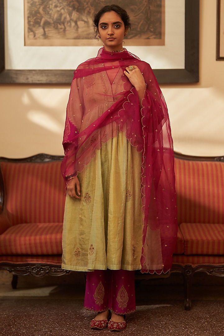 Aqua Green Tissue Silk Kurta Set by Label Earthen Pret at Pernia's Pop Up Shop