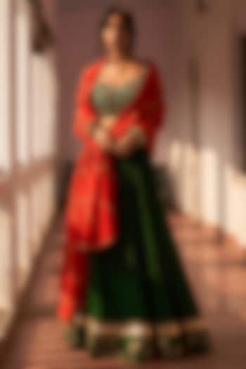 Green Handwoven Silk Hand Embroidered Bridal Lehenga Set by Label Earthen Pret at Pernia's Pop Up Shop