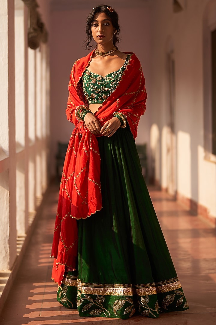 Green Handwoven Silk Hand Embroidered Bridal Lehenga Set by Label Earthen Pret at Pernia's Pop Up Shop