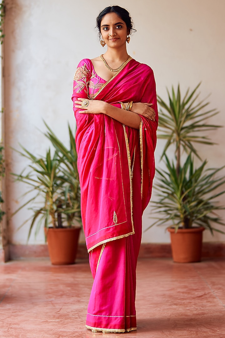 Pink Silk Zardosi Embroidered Wedding Saree Set by Label Earthen Pret at Pernia's Pop Up Shop