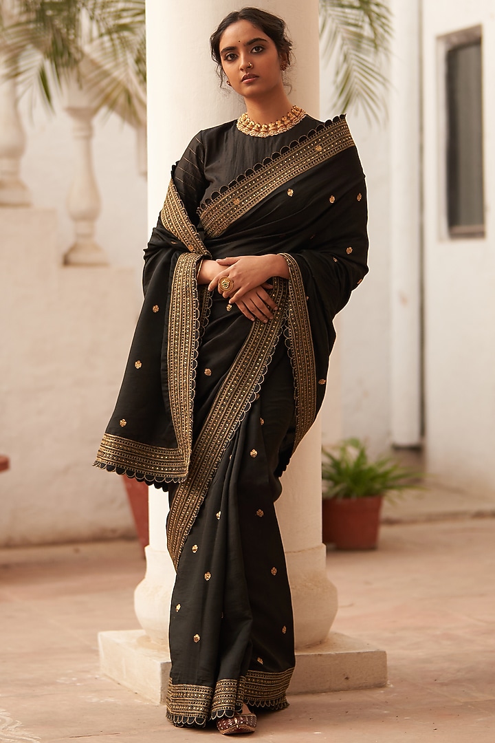 Black Chiniya Silk Boota Embroidered Wedding Saree Set by Label Earthen Pret at Pernia's Pop Up Shop